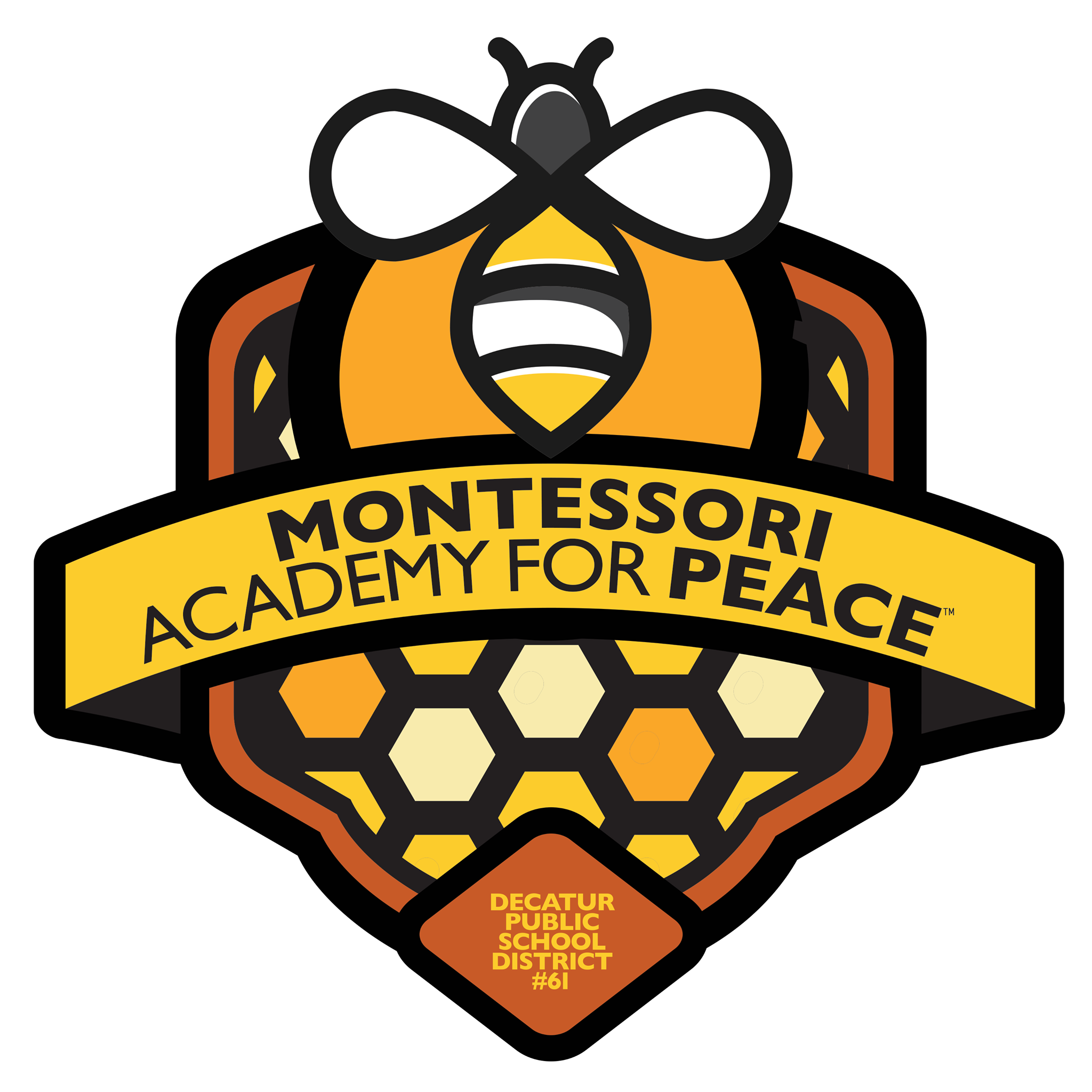 Logo of Montessori Academy for Peace with a stylized bee and honeycomb design.