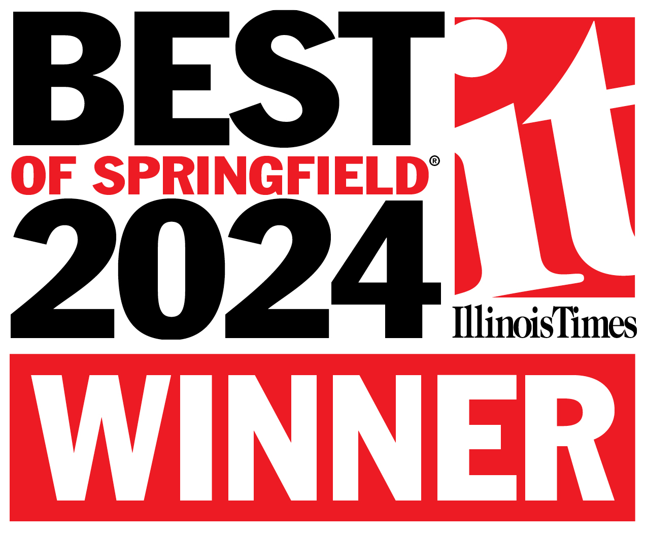 Best of Springfield 2024 Winner" logo from Illinois Times featuring bold text and a celebratory design.