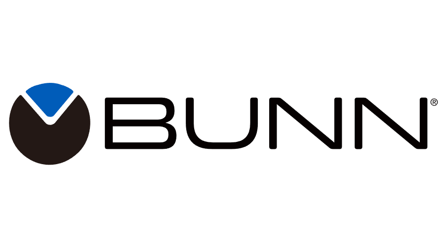 BUNN logo: a bold black brand name below a stylized black circle with a blue and white arc above it.