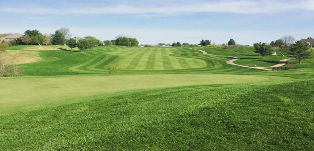 A green golf course with rolling hills, striped fairways, and a winding cart path under a blue sky.