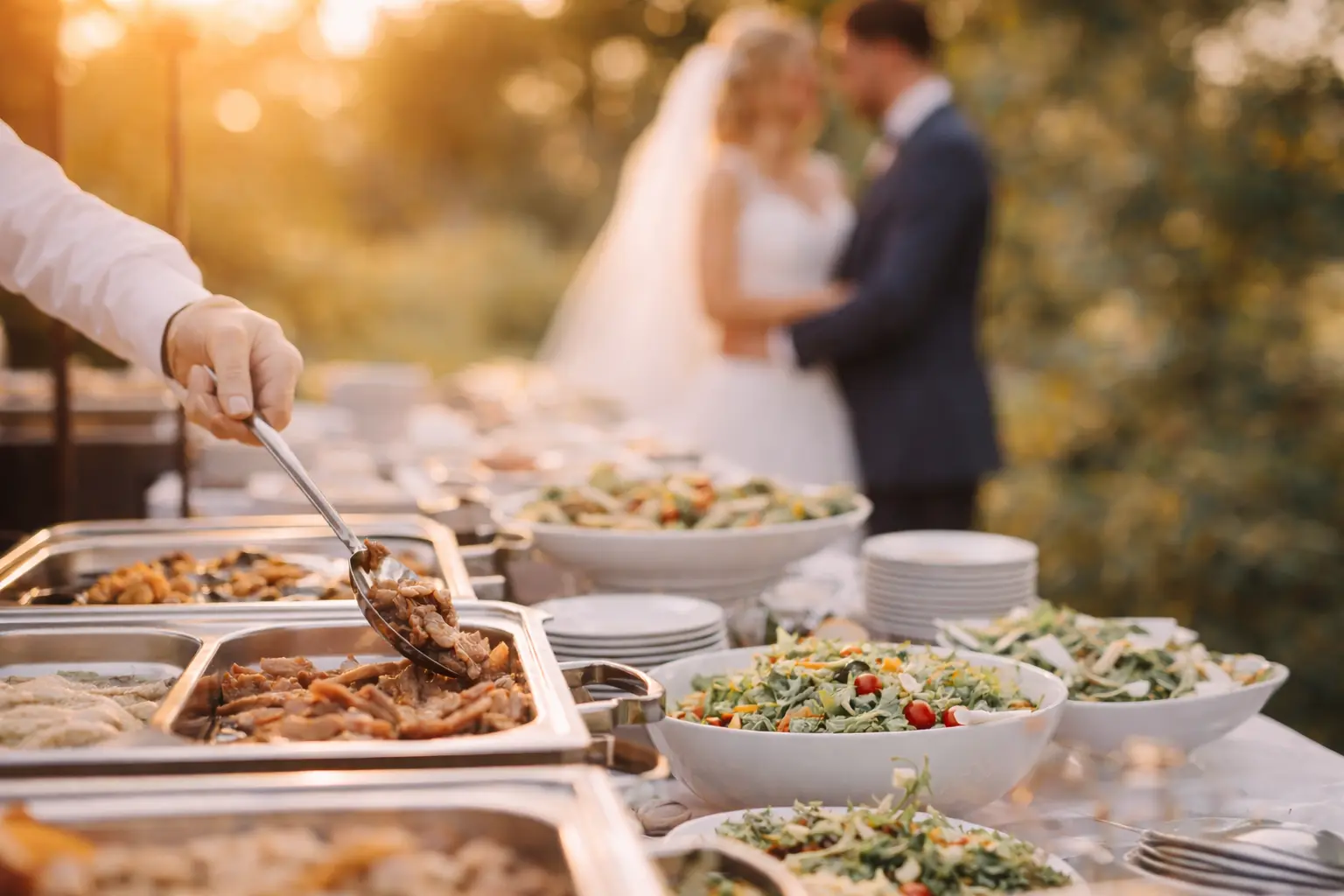 A buffet table with salads and hot food at an outdoor wedding, with a bride and groom in the background.